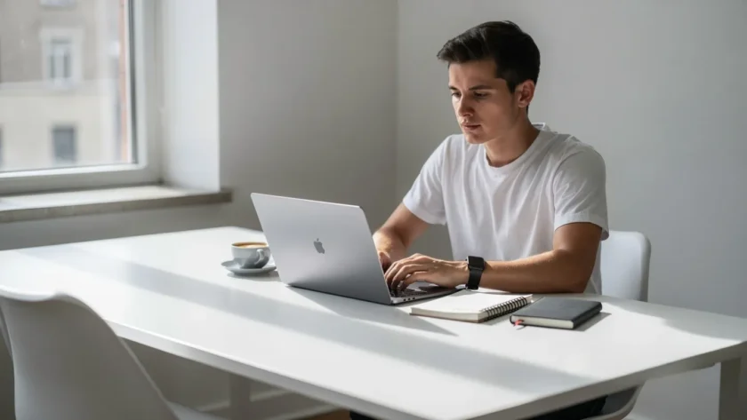 a young man working while haivng coffee